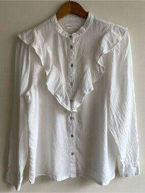 Lefties White Ruffle Front Blouse 100% Lyocell Long Sleeve Button Up Size L